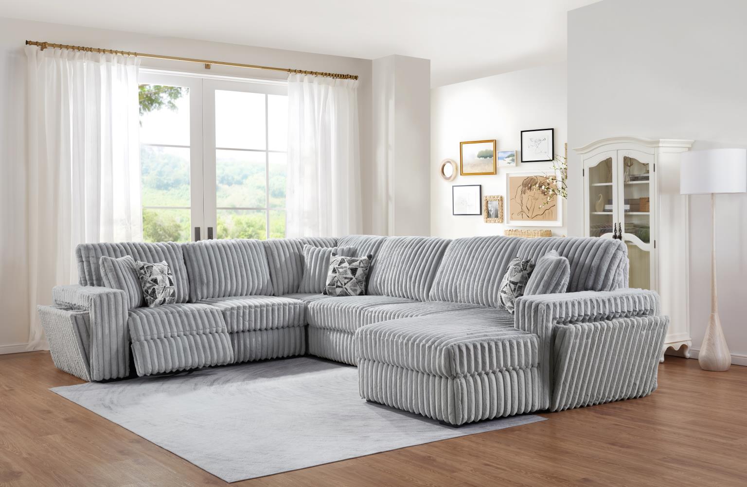 Gray Corduroy Power Reclining 4 PC Sectional W/2 Wireless Charger