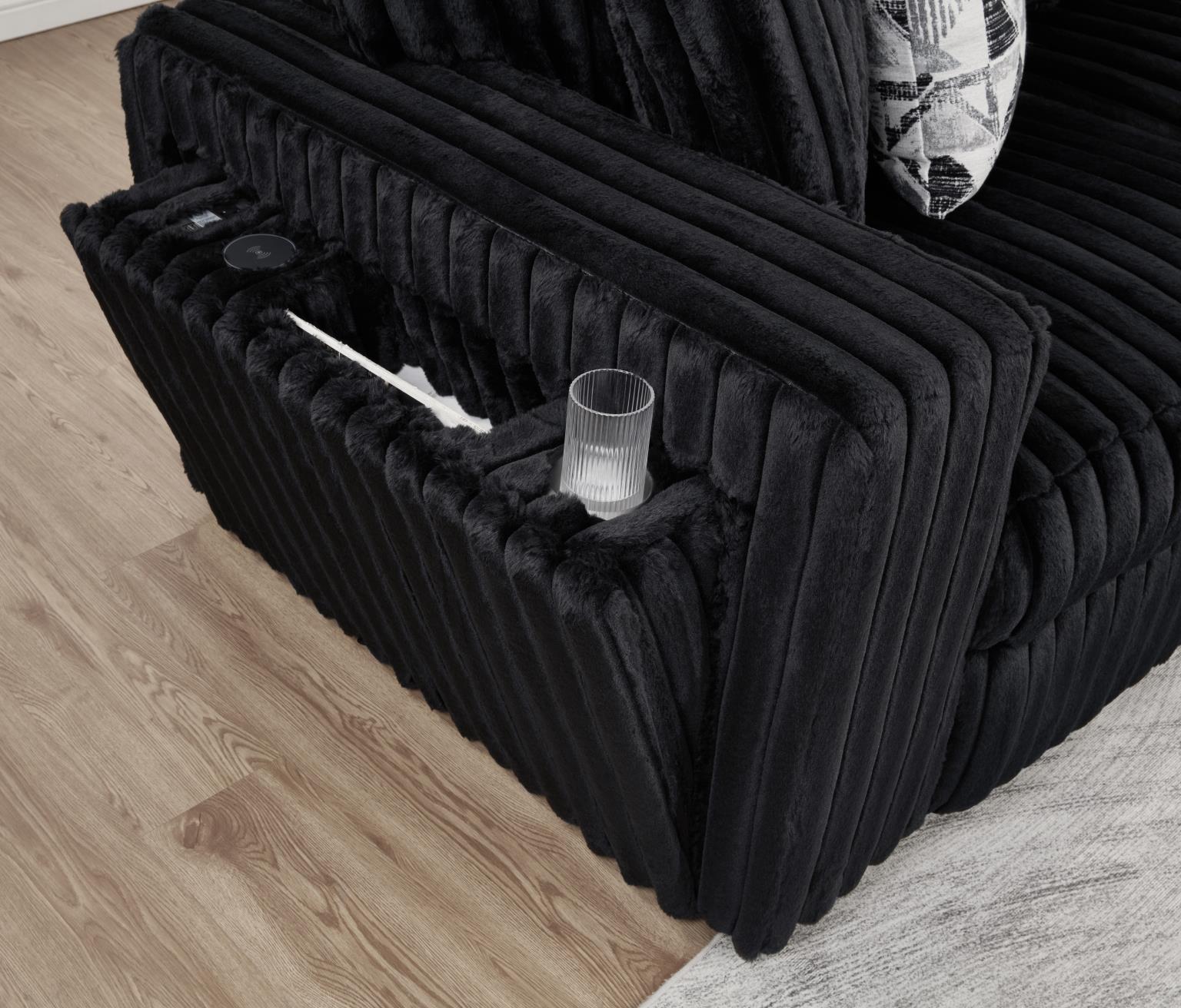 Black Corduroy Power Reclining 4 PC Sectional W/2 Wireless Charger — photo 2