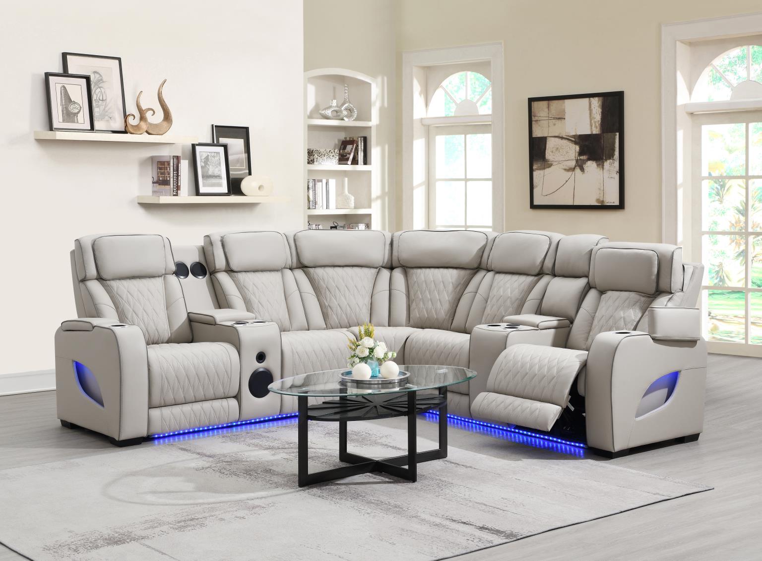 Gray 3 PC Power LED Sectional, Power Headrest, Heat, Massage Wireless Charger, and USB
