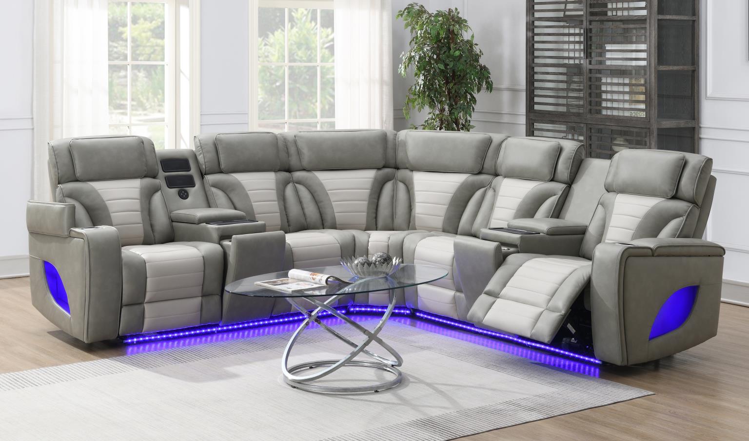 Gray/White Power 3 PC Sectional W/Bluetooth Speaker, and Wireless Charger
