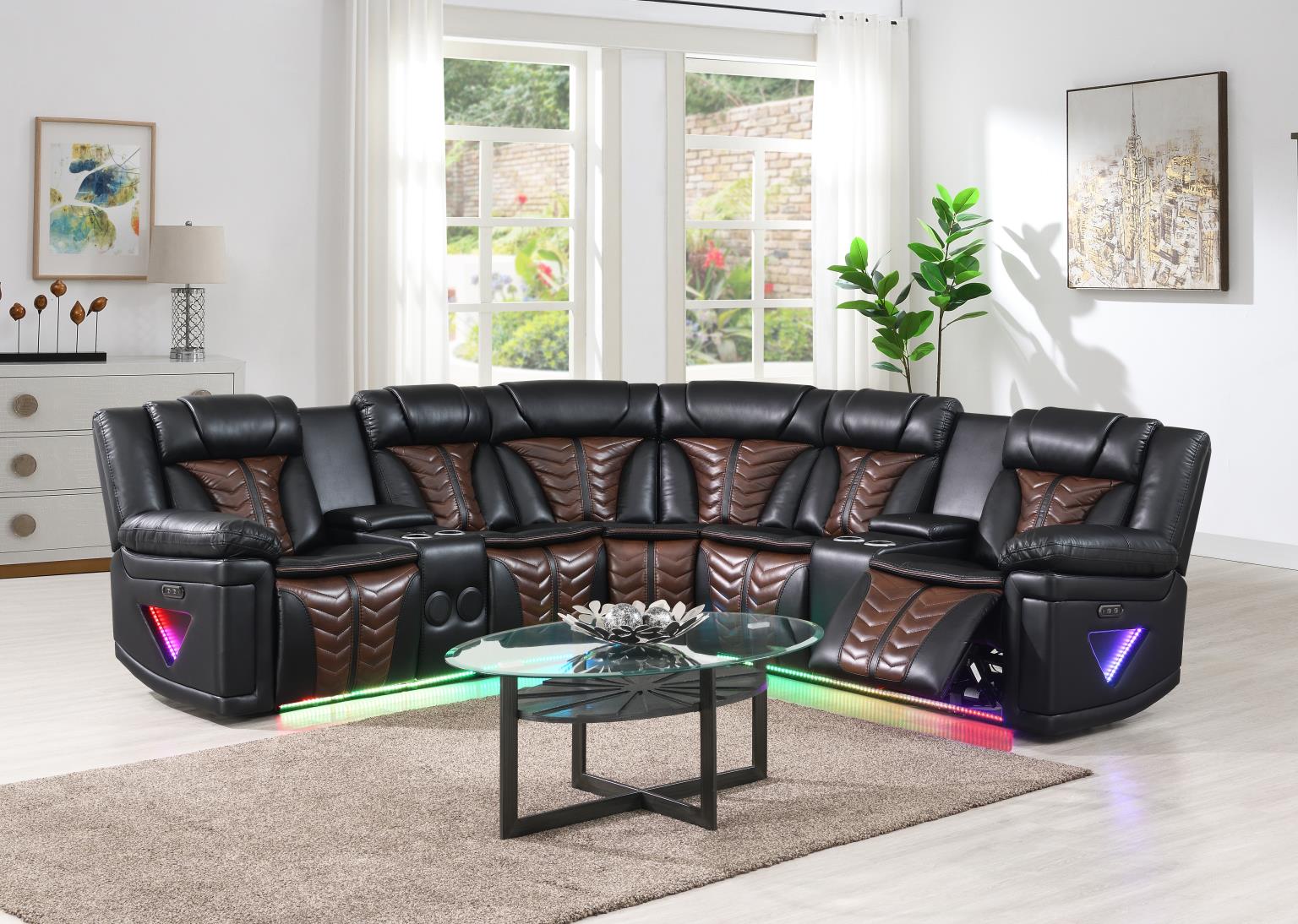 Black/Brown Power 3 PC Sectional W/Bluetooth Speaker, and Wireless Charger, Multi Color LED