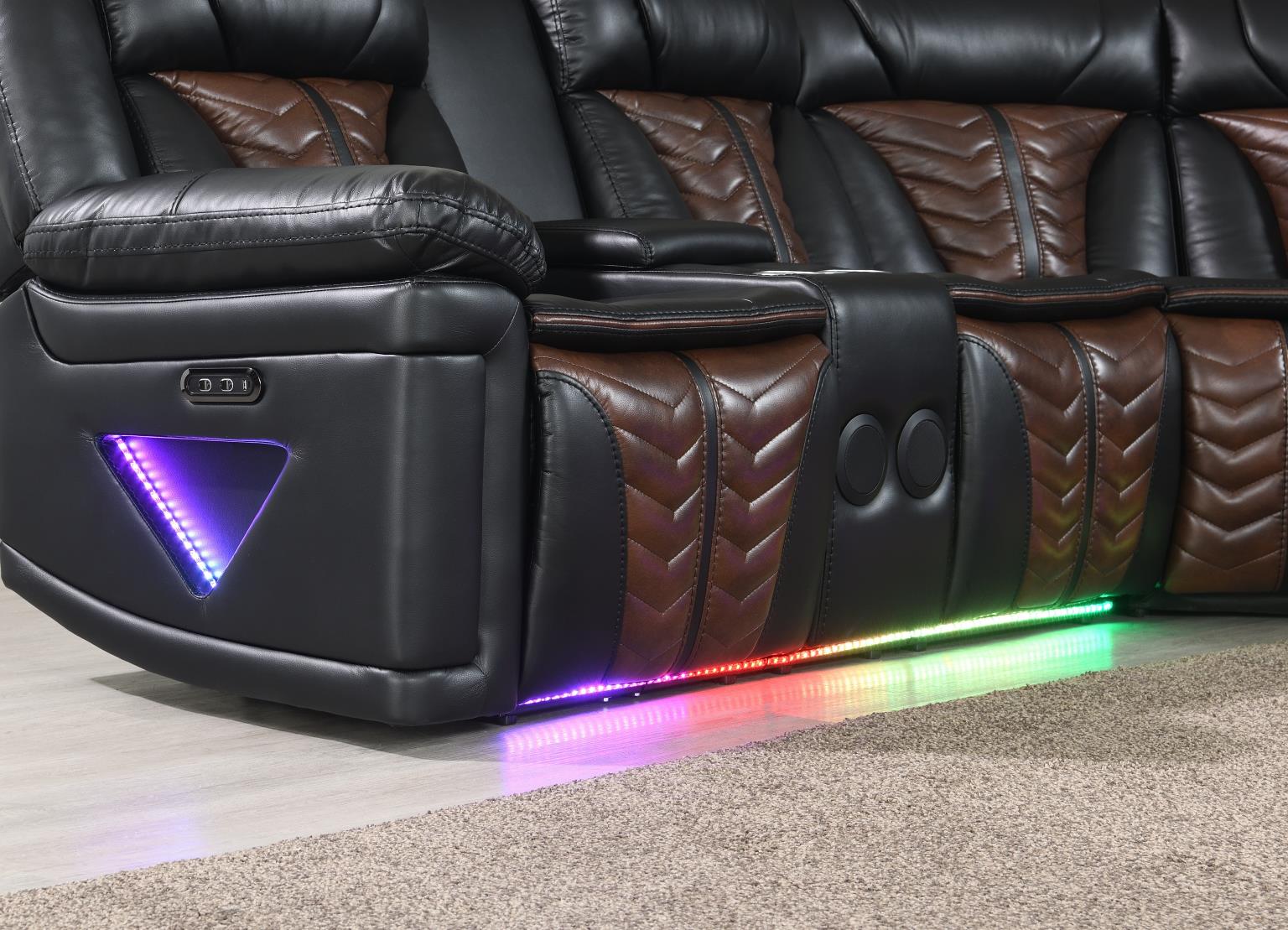 Black/Brown Power 3 PC Sectional W/Bluetooth Speaker, and Wireless Charger, Multi Color LED — photo 2