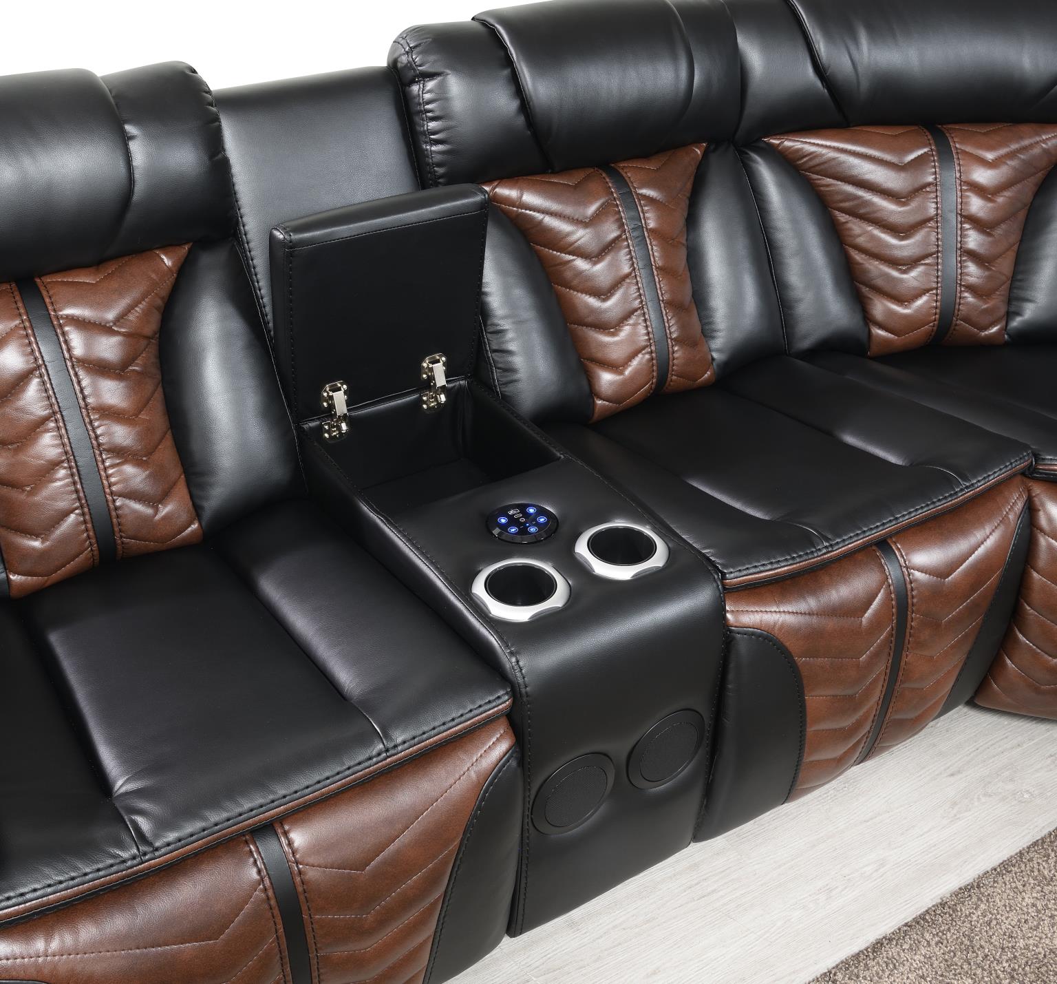 Black/Brown Power 3 PC Sectional W/Bluetooth Speaker, and Wireless Charger, Multi Color LED — photo 4