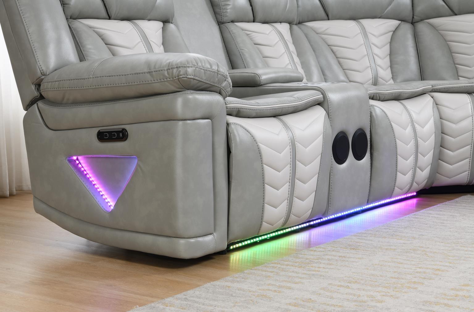 Gray/Beige Power 3 PC Sectional W/Bluetooth Speaker, and Wireless Charger, Multi Color LED — photo 2