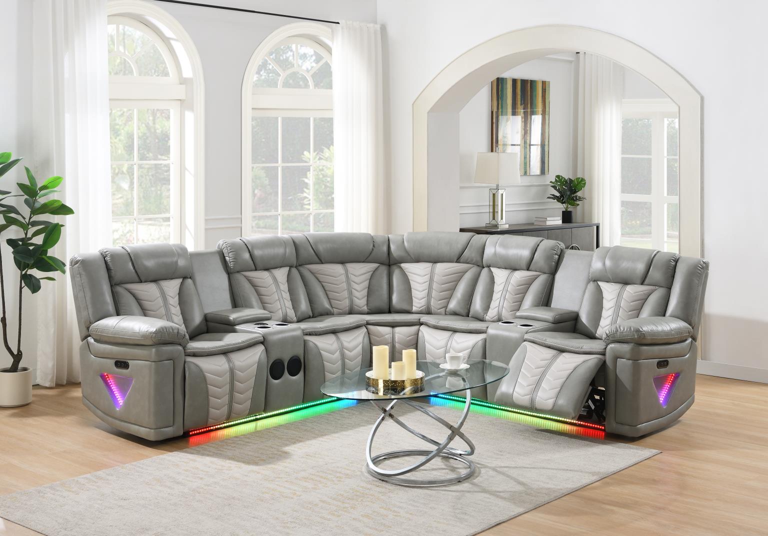 Gray/Beige Power 3 PC Sectional W/Bluetooth Speaker, and Wireless Charger, Multi Color LED