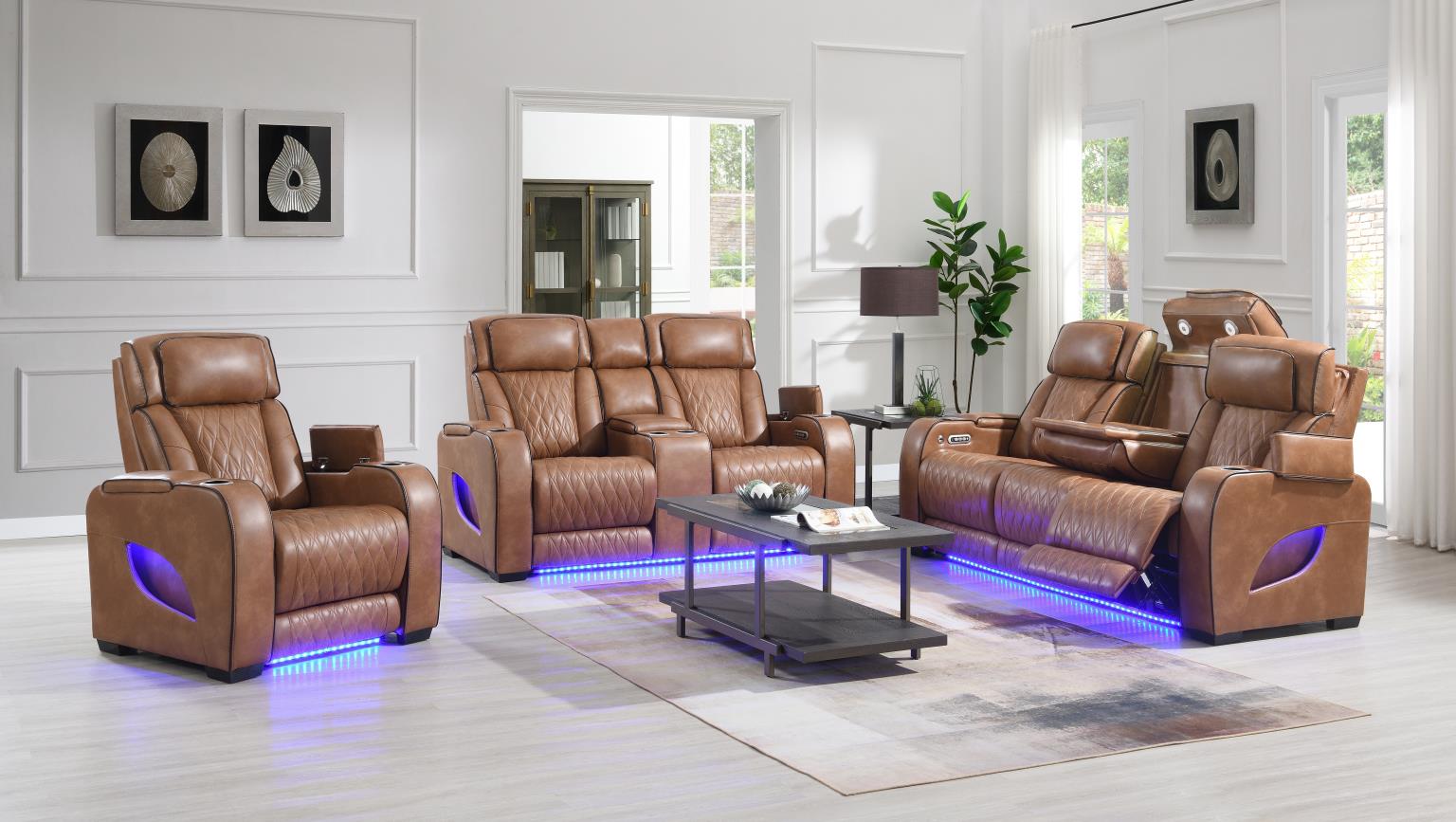Brown Power Reclining W Pwr Headrest Massage Heat Ambient Storage — photo 2